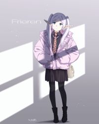 Rule 34 | 1girl, artist name, black jacket, black skirt, blue eyes, casual, character name, coat, contemporary, dated, elf, expressionless, frieren, highres, jacket, long hair, necktie, nii manabu, pantyhose, pointy ears, red necktie, skirt, solo, sousou no frieren, white coat, white hair, window shadow, winter clothes, winter coat