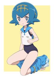 Rule 34 | 1girl, :o, bad id, bad twitter id, bare arms, bare shoulders, barefoot, blue eyes, blue hair, blush, breasts, clothes pull, creatures (company), feet, full body, game freak, gensei00, hair ornament, highres, lana (pokemon), nintendo, open mouth, pants, pants pull, pokemon, pokemon sm, shirt, short hair, simple background, sleeveless, sleeveless shirt, small breasts, solo, trial captain, yellow background