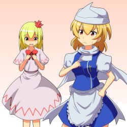 Rule 34 | 2girls, aki minoriko, aki shizuha, alternate costume, apron, blonde hair, bow, breast conscious, capelet, cato (monocatienus), cosplay, dress, gradient background, hair ornament, hands on own chest, hat, leaf hair ornament, letty whiterock, letty whiterock (cosplay), lily white, lily white (cosplay), multiple girls, open mouth, pink dress, red eyes, shaded face, shirt, shirt tug, short sleeves, siblings, sisters, skirt, skirt set, sweatdrop, touhou, triangular headpiece, waist apron, yellow eyes