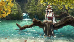 Rule 34 | 1girl, absurdres, black thighhighs, breasts, closed mouth, commentary request, closed eyes, fasnakegod, forest, hat, highres, japanese clothes, kourindou tengu costume, leaf, long sleeves, maple leaf, nature, obi, pointy ears, sash, scenery, shameimaru aya, short hair, sitting, smile, soaking feet, solo, thighhighs, tokin hat, touhou, tree, water, waterfall, wide sleeves