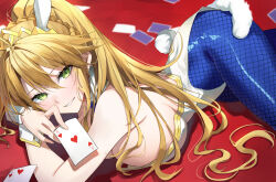Rule 34 | 1girl, animal ears, artoria pendragon (all), artoria pendragon (fate), artoria pendragon (swimsuit ruler) (fate), bare shoulders, blonde hair, blue pantyhose, braid, breasts, card, detached collar, fate/grand order, fate (series), fishnets, green eyes, hair between eyes, herigaru (fvgyvr000), highres, large breasts, leotard, long hair, looking at viewer, necktie, pantyhose, playboy bunny, ponytail, rabbit ears, solo, white leotard, wrist cuffs