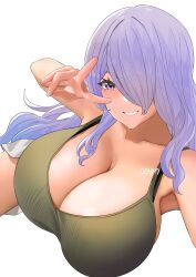 1girl absurdres alternate_costume artist_name bare_shoulders blush breasts camilla_(fire_emblem) cleavage collarbone female_focus fire_emblem fire_emblem_fates genm7 grin hair_over_one_eye highres huge_breasts long_hair looking_at_viewer matching_hair/eyes nintendo purple_eyes purple_hair shiny_skin shorts smile solo teeth white_background white_shorts