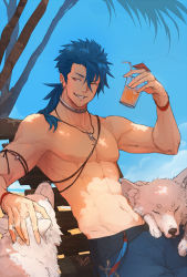 Rule 34 | 1boy, armlet, blue hair, blue sky, bracelet, chair, cocktail umbrella, commentary, cu chulainn (fate), cu chulainn (fate/stay night), dated, day, dog, drink, drinking straw, earrings, english commentary, fate/grand order, fate (series), grin, hand up, headpat, highres, holding, holding drink, jewelry, looking at animal, looking down, low ponytail, male focus, muscular, navel, neck ring, necklace, nipples, one eye closed, outdoors, palm tree, ponytail, red eyes, shade, signature, sitting, sky, smile, solkorra, solo, summer, topless male, tree