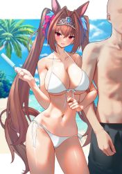 Rule 34 | 1boy, 1girl, :d, animal ears, bald, bare arms, bare shoulders, beach, bikini, blue sky, bow, breasts, brown hair, cloud, cowboy shot, daiwa scarlet (umamusume), day, food, front-tie top, hair bow, hair intakes, hand up, highres, holding, holding food, horse ears, large breasts, long hair, looking at viewer, navel, open mouth, outdoors, palm tree, pink bow, popsicle, red eyes, ryou (ryoutarou), side-tie bikini bottom, sky, smile, standing, stomach, swimsuit, tail, thighs, tiara, topless male, trainer (umamusume), tree, twintails, umamusume, very long hair, white bikini