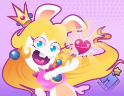 Rule 34 | :d, animal ears, artist name, blonde hair, blue eyes, commentary, crown, earrings, english commentary, jewelry, long hair, looking at viewer, mario (series), mario + rabbids kingdom battle, nintendo, open mouth, rabbid, rabbid peach, rabbit ears, rabbit tail, raving rabbids, smile, solo, star (symbol), tail