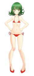 Rule 34 | 1girl, absurdres, bare shoulders, bikini, blush, colored eyelashes, curly hair, flat chest, full body, green eyes, green hair, hands on own hips, high heels, highres, legs, long legs, looking at viewer, matching hair/eyes, navel, one-punch man, red bikini, red footwear, ribs, shiny skin, shoes, short hair, side-tie bikini bottom, simple background, smile, solo, standing, swimsuit, taka (takahirokun), tatsumaki, thigh gap, thighs, white background