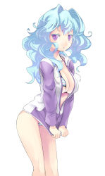 Rule 34 | 1girl, absurdres, bikini, blue hair, breasts, cleavage, colored eyelashes, curly hair, dungeons &amp; princess, female focus, hair intakes, highres, jacket, jacket tug, large breasts, long hair, looking at viewer, open clothes, purple eyes, solo, striped bikini, striped clothes, swimsuit, takashi moritaka, track jacket, unzipped, white background