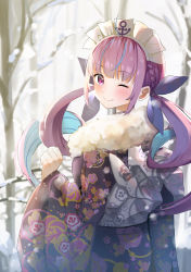 Rule 34 | 1girl, ;&gt;, absurdres, ahoge, anchor print, anchor symbol, bare tree, blue hair, blue ribbon, blunt bangs, blurry, blurry background, blush, braid, closed mouth, commentary request, day, drill hair, floral print, french braid, from behind, fur scarf, hair ribbon, highres, hololive, japanese clothes, kimono, long hair, long sleeves, looking at viewer, looking back, maid headdress, minato aqua, multicolored hair, outdoors, purple eyes, purple hair, rei (ilust9999), ribbon, sidelocks, snow, solo, streaked hair, tree, twin drills, two-tone hair, virtual youtuber, white headwear, wide sleeves