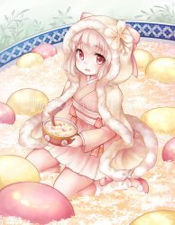 Rule 34 | 1girl, blush, bowl, chinese clothes, commentary, egg, english commentary, flower, food, food fantasy, from above, fur trim, holding, holding bowl, hood, in food, jiuniang, jiuniang (food fantasy), kneeling, long sleeves, looking at viewer, name connection, object namesake, open mouth, pink eyes, pink footwear, pink theme, pom pom (clothes), red eyes, sitting, smile, solo, symbol-only commentary, wariza, watermark, yoli-chan