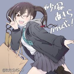 Rule 34 | 1girl, \m/, bag, black jacket, black socks, breasts, broom, burisuke (koujiro), collared shirt, crossed bangs, green necktie, grey skirt, highres, idolmaster, idolmaster cinderella girls, jacket, long sleeves, looking at viewer, mole, mole under eye, necktie, one eye closed, open clothes, open jacket, open mouth, pleated skirt, sharp teeth, shirt, shirt tucked in, shoes, simple background, skirt, small breasts, smile, socks, solo, sunazuka akira, teeth, translation request, twintails, twitter username, upper teeth only, white shirt, yellow eyes