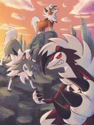 Rule 34 | absurdres, blue eyes, claws, closed mouth, cloud, colored sclera, commentary request, creatures (company), crescent moon, frown, game freak, gen 7 pokemon, green eyes, highres, luna mokamoka, lycanroc, lycanroc (dusk), lycanroc (midday), lycanroc (midnight), moon, nintendo, no humans, outdoors, pokemon, pokemon (creature), red eyes, red sclera, sky, standing, twilight