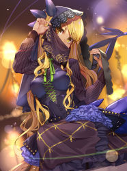 Rule 34 | 1girl, anklet, armlet, black dress, blonde hair, bracelet, breasts, brown eyes, dark-skinned female, dark skin, dragon girl, dragon horns, dragon tail, dress, facial mark, fate/grand order, fate (series), green ribbon, grin, highres, horns, jewelry, large breasts, long hair, long sleeves, looking at viewer, mouth veil, neck ribbon, neck ring, polearm, renka (renkas), ribbon, smile, solo, spear, swept bangs, tail, veil, vritra (fate), weapon