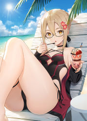 Rule 34 | 1girl, ahoge, artoria pendragon (fate), ass, bare shoulders, beach chair, black-framed eyewear, black choker, black jacket, black one-piece swimsuit, blue sky, breasts, brown eyes, brown hair, choker, cloud, day, fate/grand order, fate (series), flower, glasses, hair between eyes, hair flower, hair ornament, holding, holding spoon, horizon, jacket, knees up, light rays, looking at viewer, mysterious heroine x alter (fate), ocean, off shoulder, one-piece swimsuit, open clothes, open jacket, outdoors, parfait, parted lips, reclining, semi-rimless eyewear, short hair, sidelocks, sky, small breasts, solo, spoon, sun, sunlight, swimsuit, thighs, tokki, under-rim eyewear