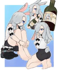 Rule 34 | 1girl, alcohol, animal ears, ankle boots, barefoot, blue eyes, boots, bottle, bracelet, buttons, commission, earrings, empty eyes, english text, feet, gradient background, grey hair, hair over one eye, hand in own hair, hands on own legs, highres, holding, holding bottle, jarael (rayer), jewelry, legs, multiple views, off shoulder, original, outline, photo (object), rabbit ears, rabbit girl, rabbit tail, ribbon, ring, shoes, unworn shoes, shorts, signature, sleeve ribbon, softhanten, soles, sweatdrop, tail, toenails, toes, wedding ring, white outline, wine, wine bottle
