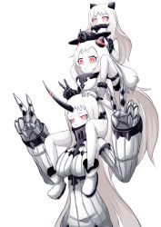 Rule 34 | 10s, 3girls, absurdres, abyssal ship, ahoge, aircraft, airfield princess, airplane, bare shoulders, blush, boots, breasts, carrying, claws, detached sleeves, double v, dress, glowing, glowing eyes, highres, horns, human tower, kantai collection, large breasts, long hair, multiple girls, northern ocean princess, ogawa-syou, ogawa shou, pale skin, red eyes, ribbed dress, seaport princess, shoulder carry, simple background, single horn, stacking, v, very long hair, white background, white hair