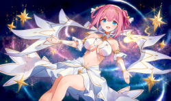 Rule 34 | 1girl, ainy, bare shoulders, blue eyes, breasts, breasts apart, bridal gauntlets, collarbone, cross, hair rings, halterneck, large breasts, looking at viewer, open mouth, pink hair, princess connect!, revealing clothes, sidelocks, skirt, sky, smile, solo, star (sky), star (symbol), starry sky, white skirt, yui (ceremonial) (princess connect!), yui (princess connect!)