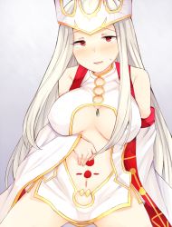 Rule 34 | 1girl, bad id, bad pixiv id, bare shoulders, blush, breasts, breasts apart, center opening, collar, crown, detached sleeves, dress, dress of heaven, fate/grand order, fate (series), gem, hand on own stomach, irisviel von einzbern, irisviel von einzbern (caster), jewelry, jirou (tamaho39), large breasts, long hair, looking at viewer, navel, open mouth, red eyes, silver hair, sleeveless, sleeveless dress, solo, stomach, very long hair, wide sleeves