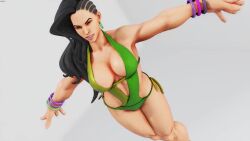 Rule 34 | 1girl, 3d, animated, ass shake, asymmetrical hair, bikini, black hair, bouncing ass, bouncing breasts, breasts, cleavage, curvy, dancing, green bikini, large breasts, laura matsuda, lips, long hair, navel, paw pose, side-tie bikini bottom, solo, street fighter, street fighter v, swimsuit, tagme, video, wide hips