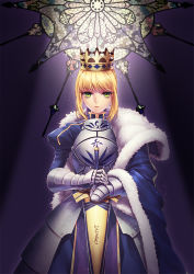 Rule 34 | 1girl, armor, armored dress, artoria pendragon (all), artoria pendragon (fate), bad id, bad pixiv id, blonde hair, cape, cowboy shot, crown, excalibur (fate/stay night), fate/stay night, fate (series), faulds, gauntlets, green eyes, hands on hilt, saber (fate), sheath, sheathed, short hair, solo, stained glass, sword, weapon, yeruen