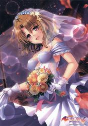 Rule 34 | 1girl, :d, absurdres, bouquet, breasts, bridal veil, brown eyes, brown hair, cleavage, copyright name, dress, flower, from below, gloves, hair between eyes, hair ornament, highres, holding, holding bouquet, lens flare, long hair, looking at viewer, momioka risa, open mouth, sleeveless, sleeveless dress, small breasts, smile, solo, star (symbol), star hair ornament, to love-ru, veil, wedding dress, white dress, white gloves, yabuki kentarou