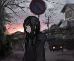 Rule 34 | 1girl, arms at sides, black eyes, black hair, black hoodie, blunt bangs, blush, car, chuhaibane, closed mouth, cloud, cloudy sky, evening, expressionless, from side, highres, hood, hood down, hoodie, house, long hair, looking at viewer, motor vehicle, one side up, original, outdoors, power lines, road sign, sidelocks, sign, sky, solo, upper body, utility pole