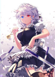 Rule 34 | 1girl, absurdres, alternate eye color, apron, arms up, between fingers, black thighhighs, blue eyes, blue skirt, blue vest, blurry, blurry foreground, braid, breasts, commentary request, cowboy shot, expressionless, gradient background, grey background, heterochromia, highres, holding, holding knife, holding pocket watch, izayoi sakuya, kemo chiharu, knife, large breasts, light particles, looking at viewer, maid headdress, petticoat, pocket watch, puffy short sleeves, puffy sleeves, red eyes, shirt, short hair, short sleeves, signature, silver hair, skirt, solo, standing, thigh strap, thighhighs, touhou, twin braids, vest, waist apron, watch, white background, white shirt