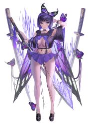 Rule 34 | absurdres, black footwear, blue eyes, breasts, bug, butterfly, choker, fishnets, full body, hairband, highres, insect, large breasts, loafers, looking at viewer, myabit, navel, original, parted lips, pleated skirt, purple hair, purple skirt, revealing clothes, sailor collar, shoes, short hair, simple background, skirt, standing, sword, thighs, weapon, white background