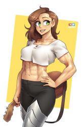 Rule 34 | 1girl, abs, artist name, black pants, breasts, brown hair, collarbone, commentary, cowboy shot, crop top, english commentary, green eyes, guitar, hand on own hip, highres, holding, holding instrument, instrument, large breasts, muscular, muscular female, nortuet, original, pants, parted lips, shiny skin, smile, solo, sweat