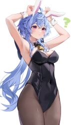 Rule 34 | 1girl, ?, ahoge, animal ears, armpits, arms up, bare shoulders, bell, black leotard, black pantyhose, blue hair, blush, bow, bowtie, breasts, bunny day, cleavage, closed mouth, covered navel, cowboy shot, detached collar, fake animal ears, from side, ganyu (genshin impact), genshin impact, highres, hinagikumonnme, leotard, long hair, looking ahead, medium breasts, neck bell, pantyhose, pink eyes, playboy bunny, purple eyes, rabbit ears, rabbit pose, sidelocks, simple background, solo, strapless, strapless leotard, sweatdrop, twitter username, white background, wrist cuffs