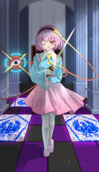 Rule 34 | 1girl, absurdres, black hairband, blue shirt, blurry, blurry background, commentary request, floral print, full body, hairband, heart, highres, holding, holding sword, holding weapon, indoors, komeiji satori, linuslinus920423, long sleeves, looking at viewer, open mouth, pink eyes, pink footwear, pink hair, pink skirt, rose print, shirt, short hair, skirt, slippers, solo, sword, teeth, third eye, touhou, upper teeth only, weapon