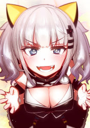 Rule 34 | 1girl, black dress, blue eyes, blush, breasts, claw pose, cleavage, cleavage cutout, clothing cutout, dress, fangs, hair ornament, hairclip, hitotose rin, kaguya luna, leaning forward, looking at viewer, medium breasts, open mouth, palms, ribbon, silver hair, sleeveless, sleeveless dress, smile, solo, the moon studio, twintails, virtual youtuber, wrist ribbon, wristband, x hair ornament