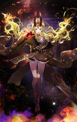 Rule 34 | 1girl, a2ki, blonde hair, breasts, facial mark, fate/grand order, fate (series), fingernails, forehead, forehead mark, full body, hair pulled back, highres, horns, ibaraki douji (fate), japanese clothes, kimono, long hair, long sleeves, looking at viewer, oni, oni horns, open mouth, pointy ears, sharp fingernails, smile, solo, sparkle, tattoo, torii, yellow eyes, yellow kimono