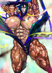 Rule 34 | abs, arms behind head, blue hair, breasts, dark skin, extreme muscles, huge breasts, muscular, sainticon, tagme
