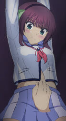 Rule 34 | 1girl, 1other, absurdres, angel beats!, arms up, black hairband, blue sailor collar, blue skirt, blunt bangs, blush, bow, closed mouth, commentary request, cowboy shot, dark, disembodied hand, eyes visible through hair, green bow, green eyes, hair bow, hairband, highres, lelie (lelie link), long sleeves, looking down, miniskirt, nakamura yuri, neckerchief, paid reward available, pink neckerchief, pleated skirt, sailor collar, shinda sekai sensen uniform, shirt, simple background, skirt, solo focus, split mouth, v-shaped eyebrows, white shirt
