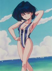 Rule 34 | 1girl, arm behind head, arm up, armpits, beach, blue eyes, blue hair, breasts, cleavage, hand on own hip, ijigawa rui, large breasts, looking at viewer, magical taruruuto-kun, one-piece swimsuit, smile, solo, striped clothes, striped one-piece swimsuit, swimsuit, water