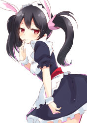 Rule 34 | 1girl, apron, black hair, blush, breasts, dress, female focus, hair ornament, half-closed eyes, hand on mouth, headdress, light background, love live!, love live! school idol project, maid, maid headdress, red eyes, simple background, small breasts, solo, standing, twintails, white background, yazawa nico