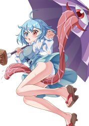Rule 34 | 1girl, ahoge, blue eyes, blue hair, blue skirt, blue vest, breasts, brown footwear, commentary request, covered erect nipples, cross-laced clothes, geta, heterochromia, highres, holding, holding umbrella, karakasa obake, large breasts, nipples, open mouth, ossannoa, panties, purple umbrella, red eyes, saliva, see-through, shirt, short hair, simple background, skirt, solo, tatara kogasa, tongue, touhou, umbrella, underwear, vest, white background, white panties, white shirt