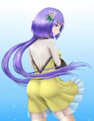 1girl ass blush breasts dress female_focus flower from_behind hair_flower hair_ornament large_breasts long_hair long_sleeves looking_at_viewer looking_back lute_(shino) open_mouth parted_lips purple_eyes purple_hair shirt solo touhou tsukumo_benben twintails very_long_hair yellow_dress