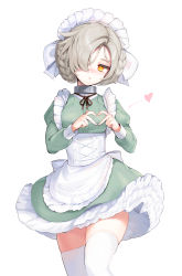 Rule 34 | 1girl, apron, azur lane, blush, braid, breasts, collar, commentary request, dress, french braid, frilled apron, frills, green dress, grey hair, hair over one eye, heart, heart hands, highres, juliet sleeves, kiyosato 0928, long sleeves, looking at viewer, maid, maid headdress, metal collar, nose blush, orange eyes, parted lips, puffy sleeves, sheffield (azur lane), short hair, simple background, skirt, small breasts, solo, standing, thighhighs, white apron, white background, white thighhighs, zettai ryouiki
