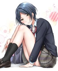 Rule 34 | 1girl, bag, black footwear, black jacket, black legwear, blazer, blue hair, blush, breasts, cleavage, collarbone, dress, earrings, grey skirt, grin, hayami kanade, highres, holding, holding bag, idolmaster, idolmaster cinderella girls, jacket, jewelry, kuguri oimo, loafers, looking at viewer, miniskirt, neckerchief, necklace, open clothes, open jacket, parted bangs, pleated skirt, red neckerchief, school bag, school uniform, shoes, short hair, sitting, skirt, smile, solo, white background, white dress, yellow eyes