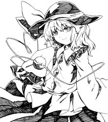 Rule 34 | 1girl, black hat, blouse, bow, bright pupils, buttons, closed mouth, diamond button, eyeball, frilled shirt collar, frilled skirt, frilled sleeves, frills, greyscale, hat, hat bow, hat ribbon, heart, heart of string, koishi day, komeiji koishi, long sleeves, looking at viewer, medium hair, monochrome, nikujaga ashu, ribbon, shirt, simple background, skirt, smile, solo, third eye, touhou, wavy hair, white background, white pupils, wide sleeves