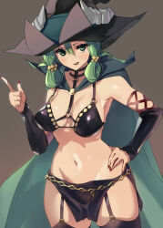 Rule 34 | 1girl, absurdres, bikini, black bikini, black choker, black skirt, black thighhighs, breasts, choker, cleavage, cloak, detached sleeves, freckles, garter straps, green cloak, green eyes, green hair, hat, highres, horns, long hair, looking at viewer, medium breasts, navel, negresco, open mouth, perky breasts, sidelocks, skirt, smile, solo, swimsuit, thighhighs, unicorn overlord, witch hat, yahna (unicorn overlord)