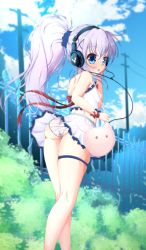 Rule 34 | 1girl, :o, absurdres, alternate hairstyle, ass, bag, blue scrunchie, blue sky, blush, breasts, bush, clothes lift, cloud, covered erect nipples, day, ether core, fence, gochuumon wa usagi desu ka?, hair ornament, hair scrunchie, handbag, headphones, highres, kafuu chino, kneepits, long hair, long legs, looking at viewer, looking back, midriff, outdoors, panties, pantyshot, ponytail, power lines, purple hair, red ribbon, ribbon, scrunchie, skirt, skirt lift, sky, small breasts, solo, standing, striped clothes, striped panties, thigh strap, underwear, upskirt, very long hair, wristband, x hair ornament