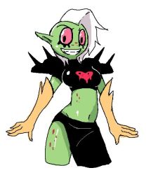 Rule 34 | 1girl, armor, belly, breasts, colored sclera, colored skin, crop top, eyebrows, freckles, gloves, green skin, long skirt, lord dominator, pink sclera, side cut, simple background, skirt, smile, solo, stomach, teeth, wander over yonder, white background, white hair