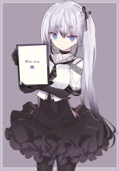 Rule 34 | 1girl, black gloves, black hair, black neckwear, black pantyhose, black ribbon, black skirt, blade (galaxist), blue eyes, breasts, closed mouth, elbow gloves, gloves, grey background, grey ribbon, hair ribbon, holding, holding sign, long hair, looking at viewer, medium breasts, multicolored hair, one side up, original, pantyhose, parody, personification, real life, reiwa, ribbon, shirt, short sleeves, sign, silver hair, skirt, solo, streaked hair, suga yoshihide, very long hair, white shirt, wide sleeves