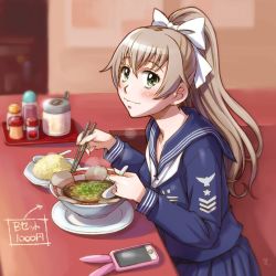 Rule 34 | 10s, 1girl, alternate costume, arrow (symbol), blouse, blue shirt, blue skirt, blurry, blush, bowl, cellphone, chopsticks, closed mouth, depth of field, food, food request, green eyes, hair ribbon, high ponytail, holding, holding spoon, kantai collection, kumano (kancolle), long hair, long sleeves, neckerchief, noodles, phone, plate, pleated skirt, ribbon, rice, sameha ikuya, school uniform, serafuku, shirt, skirt, smartphone, solo, spoon, translation request, tray, udon, white ribbon