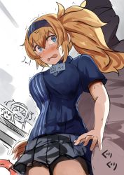 Rule 34 | &gt; &lt;, 1boy, 1girl, alternate costume, bad id, bad twitter id, belko, blonde hair, blue eyes, blush, breasts, commentary request, crying, crying with eyes open, employee uniform, gambier bay (kancolle), hair between eyes, headband, kantai collection, large breasts, lawson, long hair, name tag, ponytail, shirt, short shorts, short sleeves, shorts, side ponytail, tears, trembling, uniform