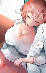 Rule 34 | 1boy, 1girl, absurdres, admiral (kancolle), akigumo (kancolle), akizuki shigure, alternate breast size, alternate costume, blush, breasts, brown hair, cleavage, closed mouth, collarbone, flying sweatdrops, grey skirt, hair between eyes, head rest, highres, kantai collection, large breasts, leaning on person, long hair, long sleeves, mole, mole under eye, pleated skirt, ponytail, skirt, solo focus, spoken blush