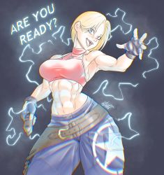 Rule 34 | 2021, ?, abs, absurdres, armpits, artist name, bare shoulders, blonde hair, blue eyes, blue mary, blurry, breasts, commentary, cowboy shot, dated, electricity, english commentary, english text, fatal fury, fingerless gloves, gage 199x, gloves, hair behind ear, hair between eyes, highres, holding, jewelry, looking at viewer, medium breasts, midriff, muscular, muscular female, navel, necklace, open mouth, pants, short hair, sleeveless, snk, solo, standing, taser, teeth, the king of fighters, tongue, watermark