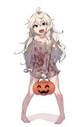 Rule 34 | 1girl, :d, absurdres, blonde hair, blood on clothes, blue eyes, dress, fang, female focus, full body, halloween, halloween bucket, highres, legs apart, long hair, messy hair, off-shoulder dress, off shoulder, open mouth, original, pigeon-toed, rosia san, russia-chan (rosia san), simple background, smile, solo, standing, torn clothes, white background